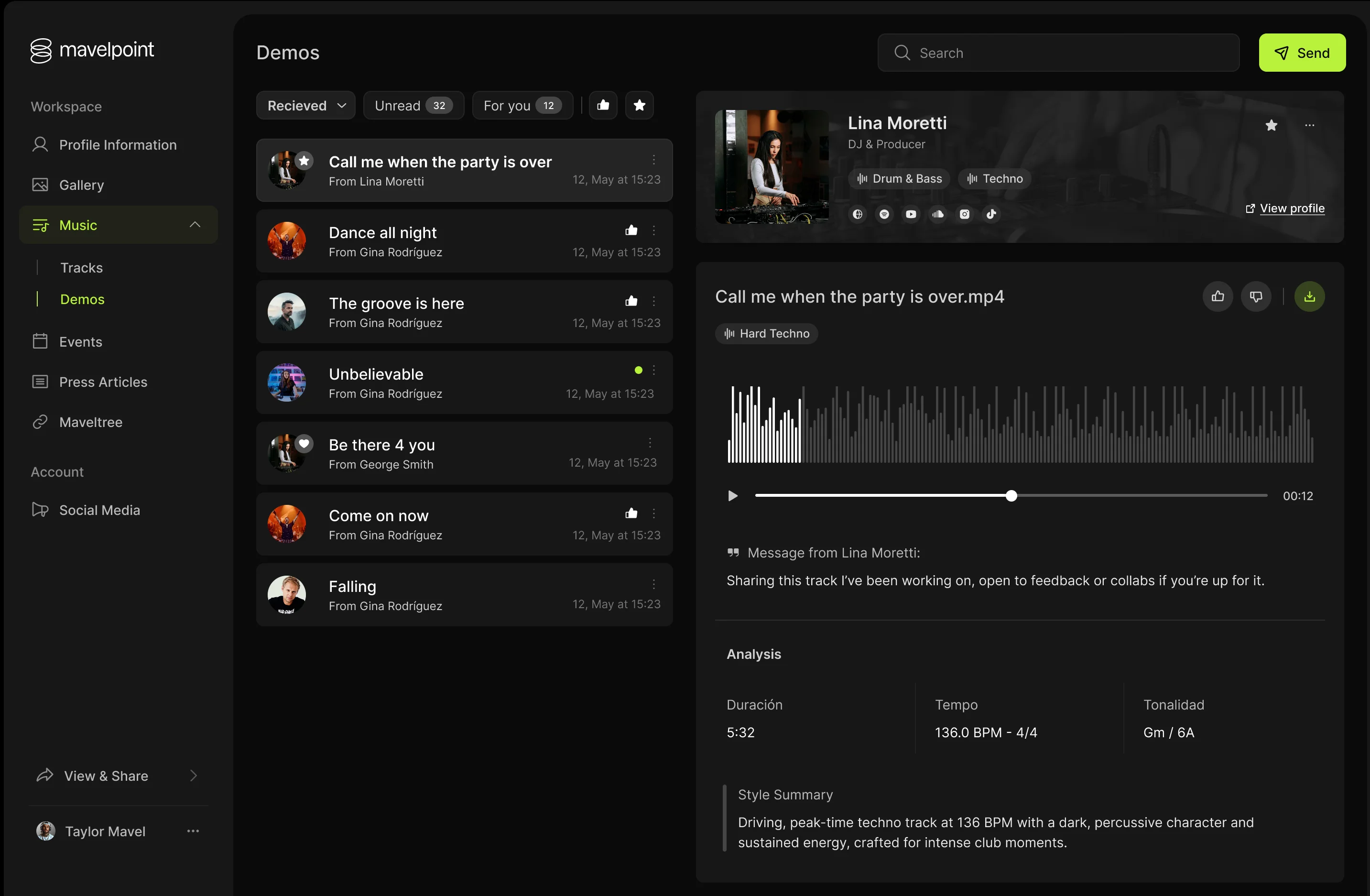 MavelPoint demo submission feature for receiving artist demos